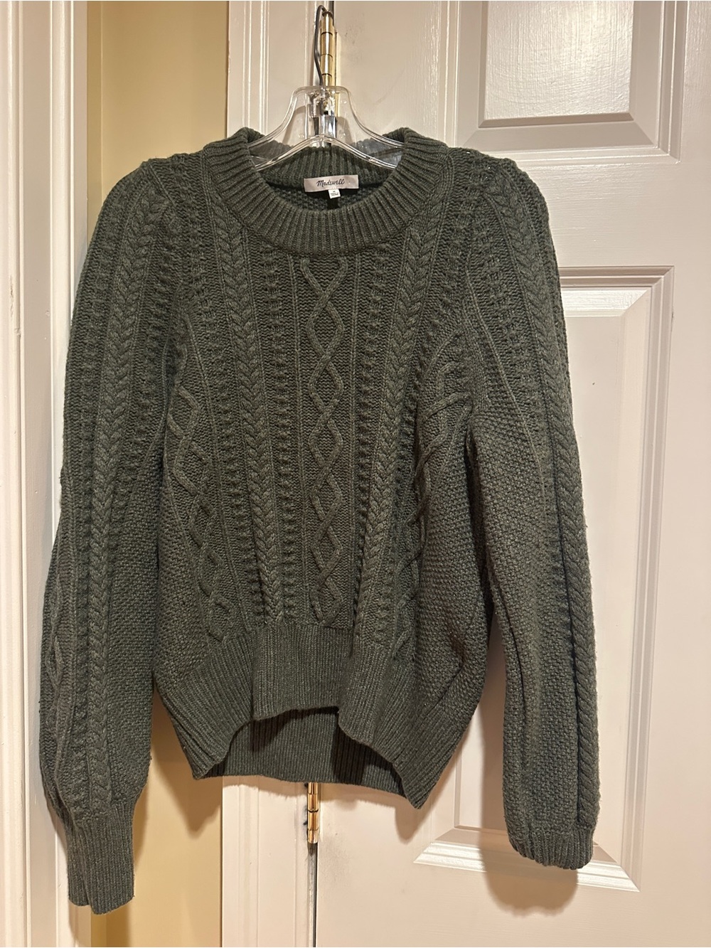 Madewell Merino Wool Cable Knit Puff Sleeve Sweater Olive M